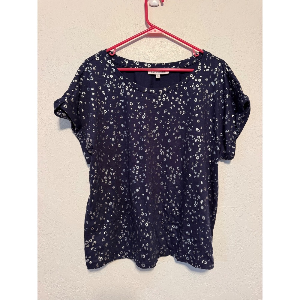 Emily Daniels Navy Blue Silver Metallic Foil Leopard Print Cuffed Sleeve Top XL